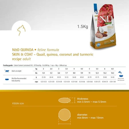 Farmina N&amp;d Quinoa Skin &amp; Coat, Caille, Noix de coco et Curcuma - Aliment complet pour chats adultes, pour la peau et le pelage, 1,5 kg
