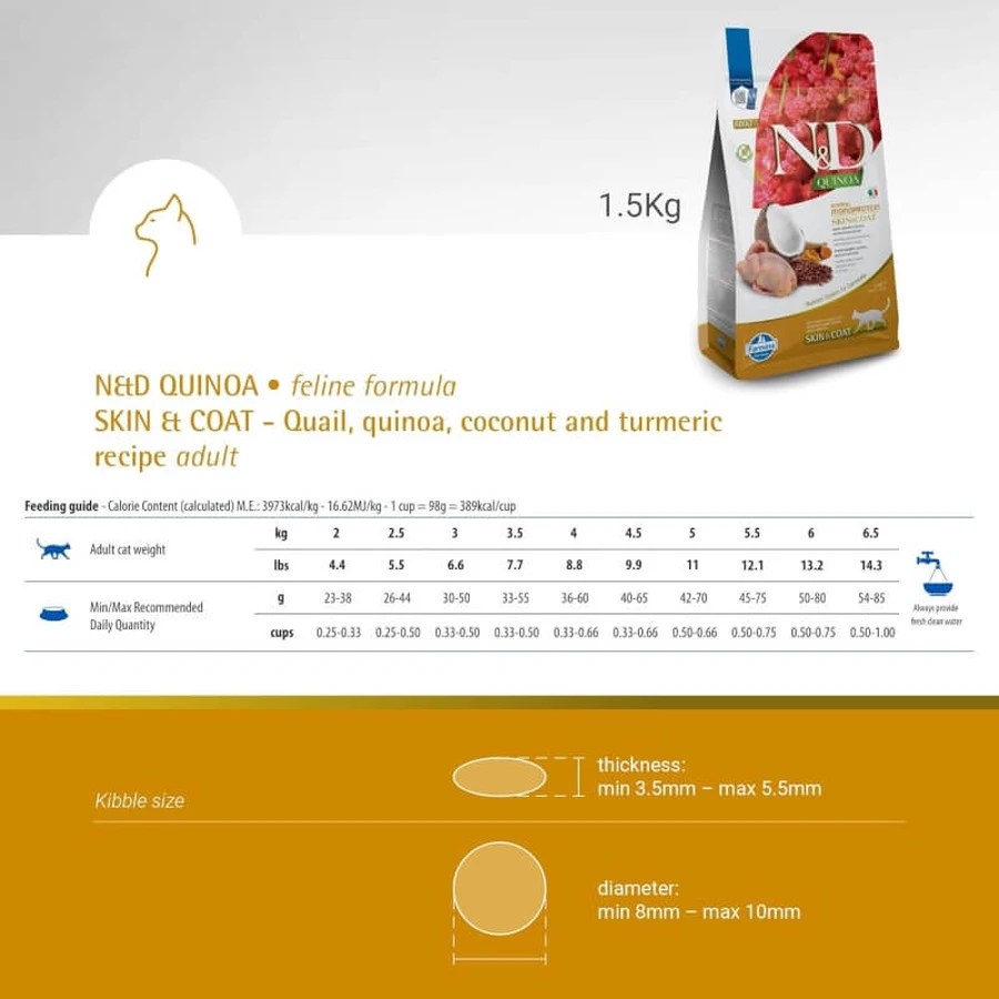 Farmina N&amp;d Quinoa Skin &amp; Coat, Caille, Noix de coco et Curcuma - Aliment complet pour chats adultes, pour la peau et le pelage, 1,5 kg