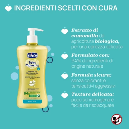 Chicco Baby Moments - Champú suave de manzanilla que no pica en los ojos, a partir de 0 meses, 500 ml