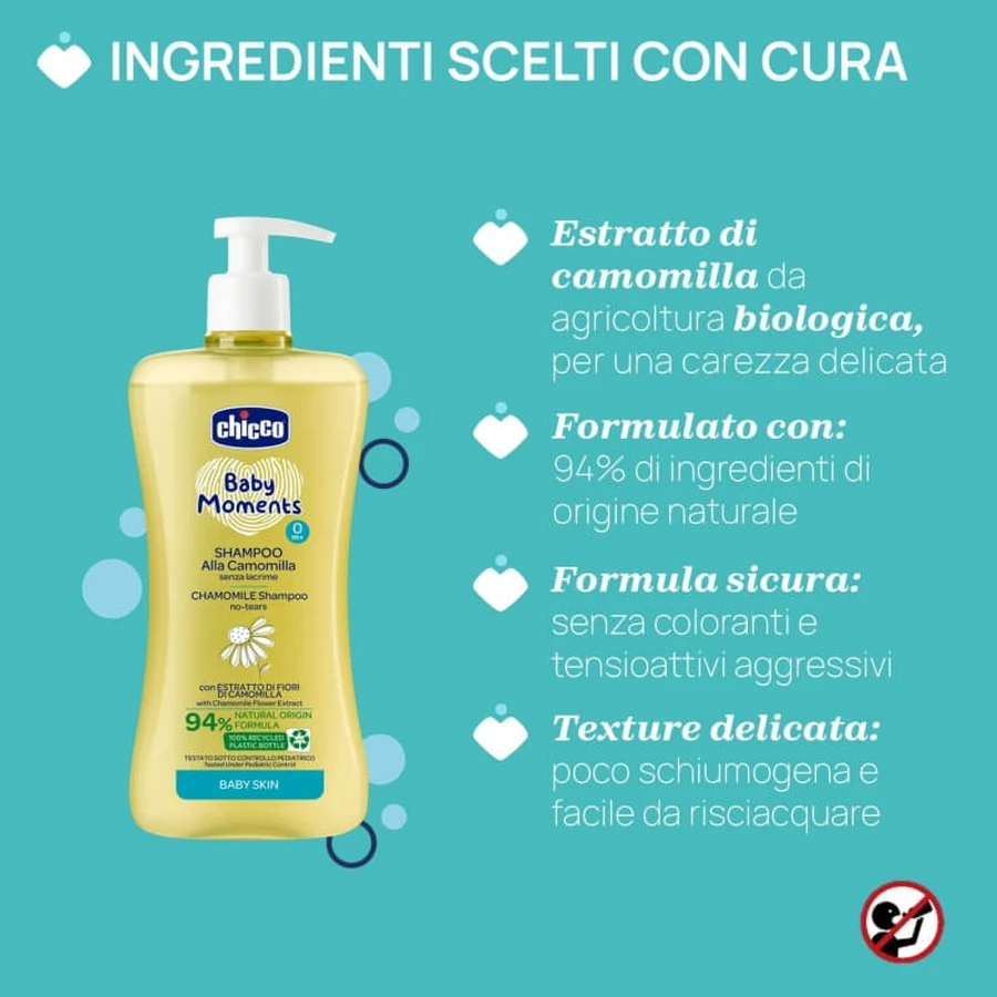 Chicco Baby Moments - Champú suave de manzanilla que no pica en los ojos, a partir de 0 meses, 500 ml