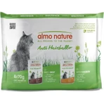 Almo Nature Anti-Haarballen Rind und Huhn – Alleinfuttermittel für ausgewachsene Katzen, 6 x 70 g