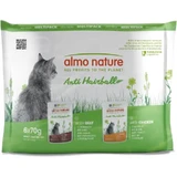 Almo Nature Anti-Haarballen Rind und Huhn – Alleinfuttermittel für ausgewachsene Katzen, 6 x 70 g