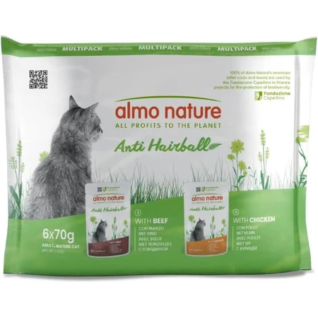 Almo Nature Anti-Haarballen Rind und Huhn – Alleinfuttermittel für ausgewachsene Katzen, 6 x 70 g