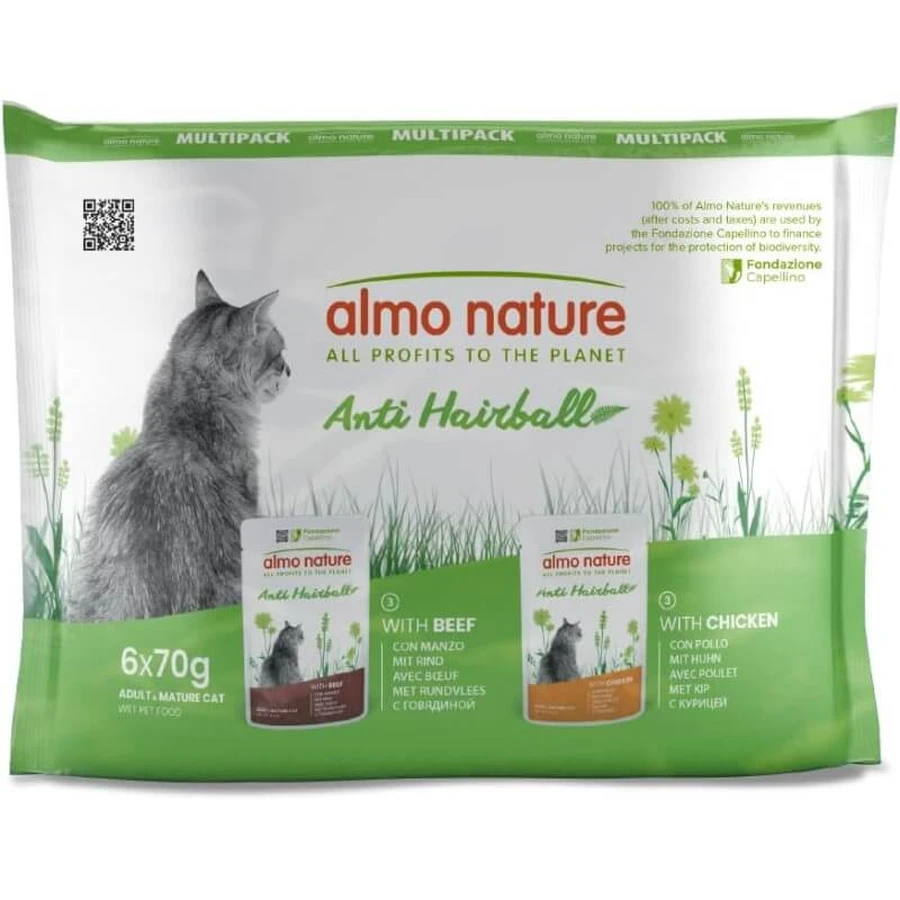 Almo Nature Anti-Haarballen Rind und Huhn – Alleinfuttermittel für ausgewachsene Katzen, 6 x 70 g