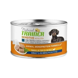 Natural Trainer Sensitive fără gluten, cu aromă de păstrăv – hrană completă pentru câini adulți de talie mică/toy, 150 g