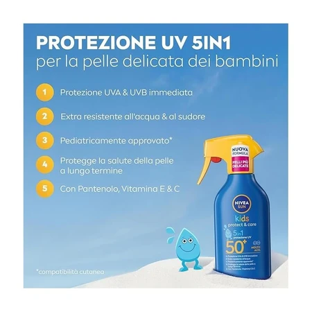 Nivea Sunscreen SPF 50+ Sun Kids Protech &amp; Care 5-in-1 Sun Spray for Kids, 250 ml