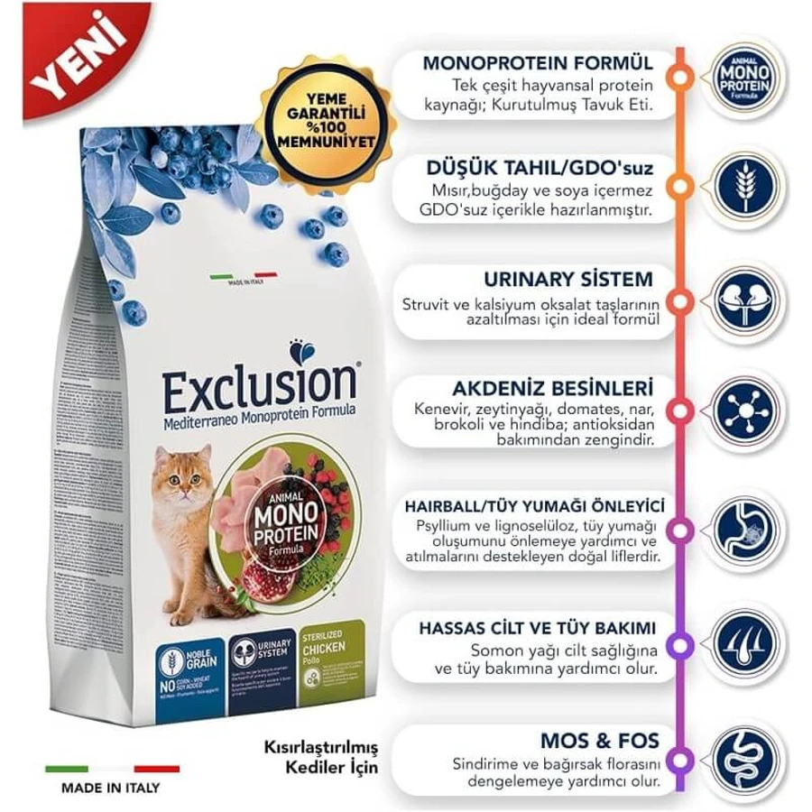 Exclusion Mediterraneo Noble Graincat Pui – hrană umedă completă pentru pisici sterilizate, 300 g