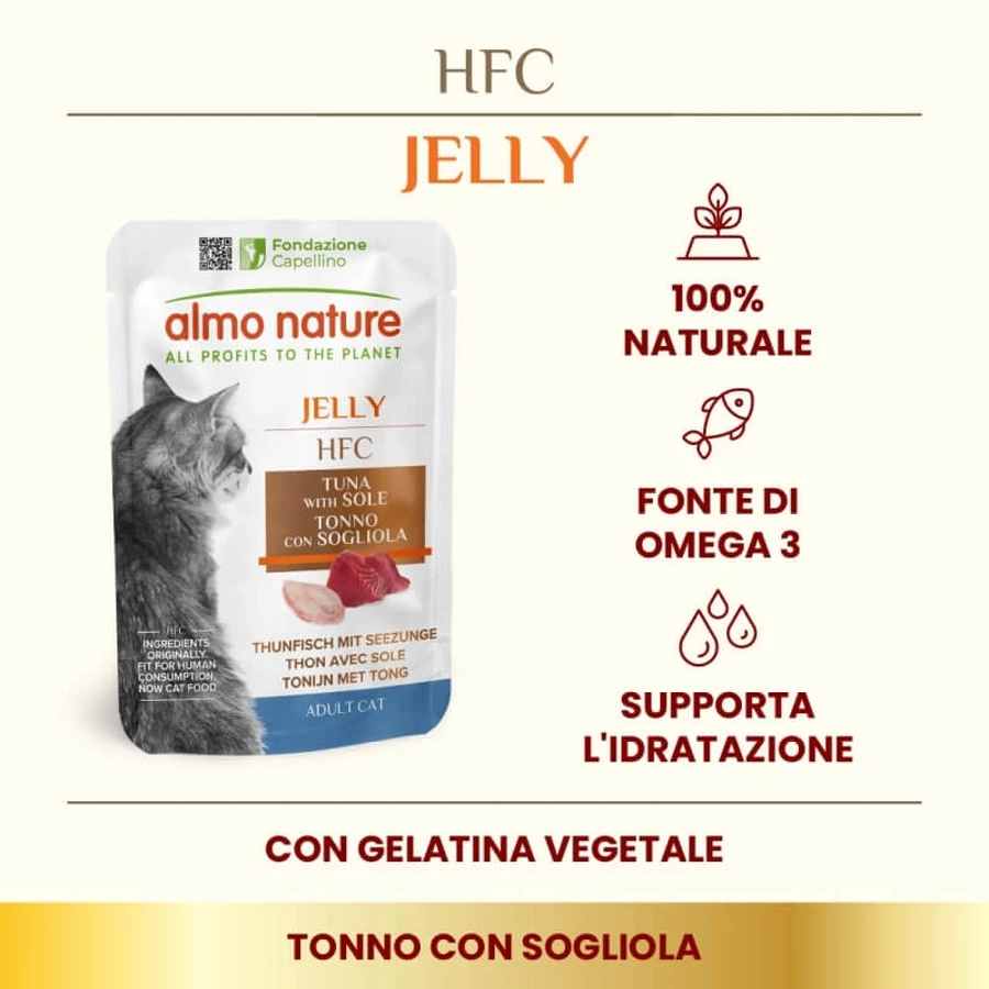 Almo Nature HFC Jelly au thon et à la sole - Aliment complémentaire pour chats adultes (boules de poils) 55 g