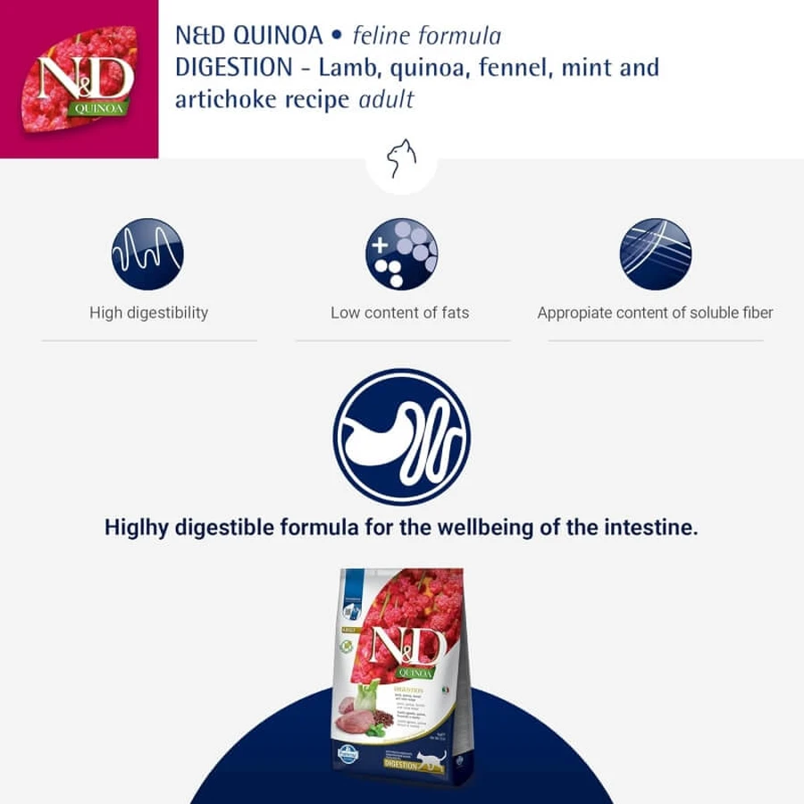 Farmina N&amp;d Quinoa Digestion Lamb, Quinoa, Fennel, and Mint - Dietary Food for Cats with Sensitive Digestion, 5 kg