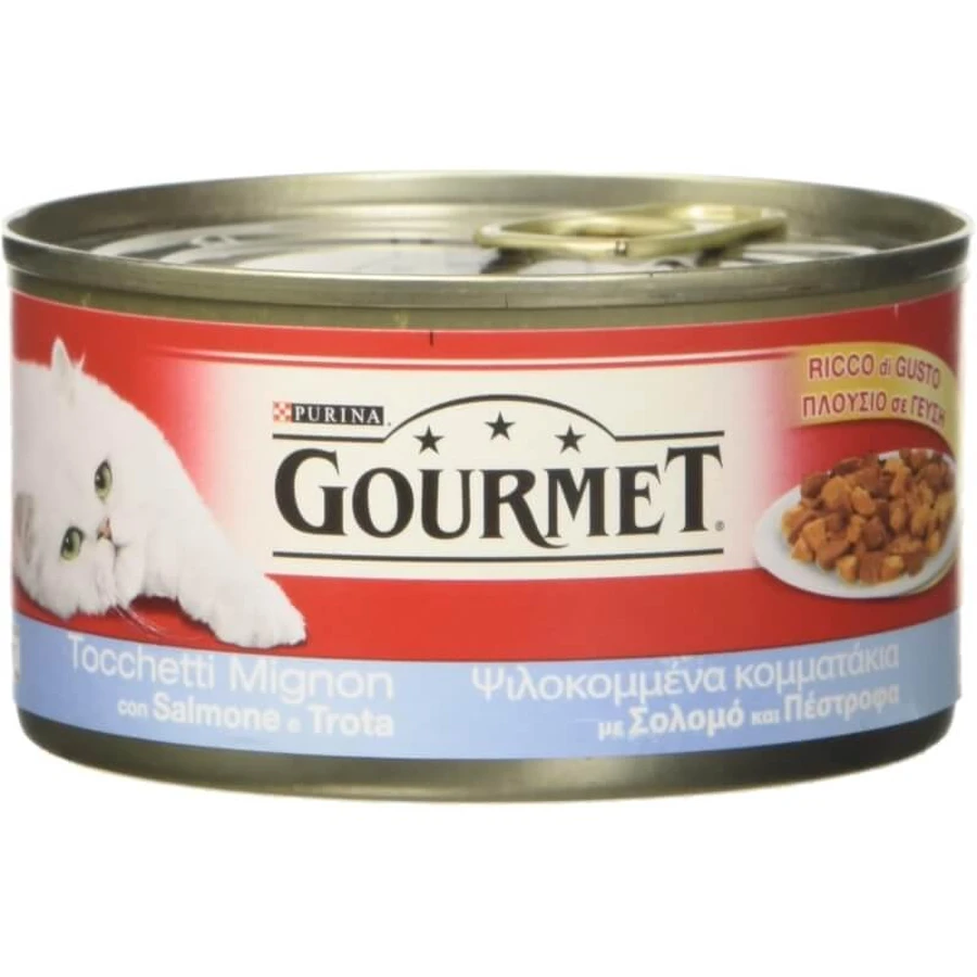 Purina Gourmet Mini Chunks with Salmon and Trout - Complete Food for Adult Cats, 195 g