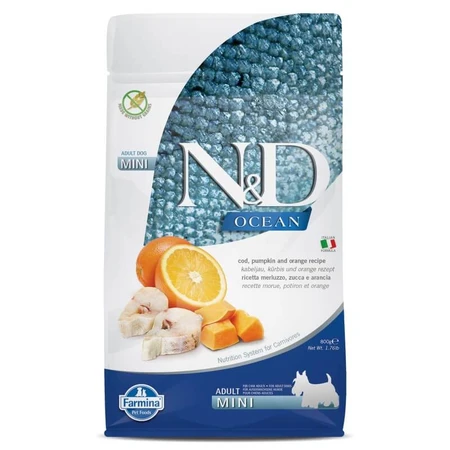 Farmina N&amp;d Ocean Adult Mini Kabeljauw, Pompoen en Sinaasappel - Compleet voer voor kleine volwassen honden, 800 g