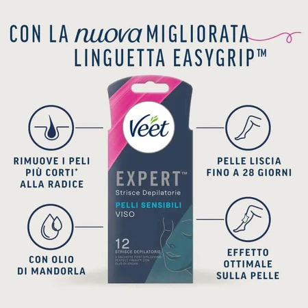 Veet Expert - 12 bandes d'épilation pour le visage, pour peaux sensibles