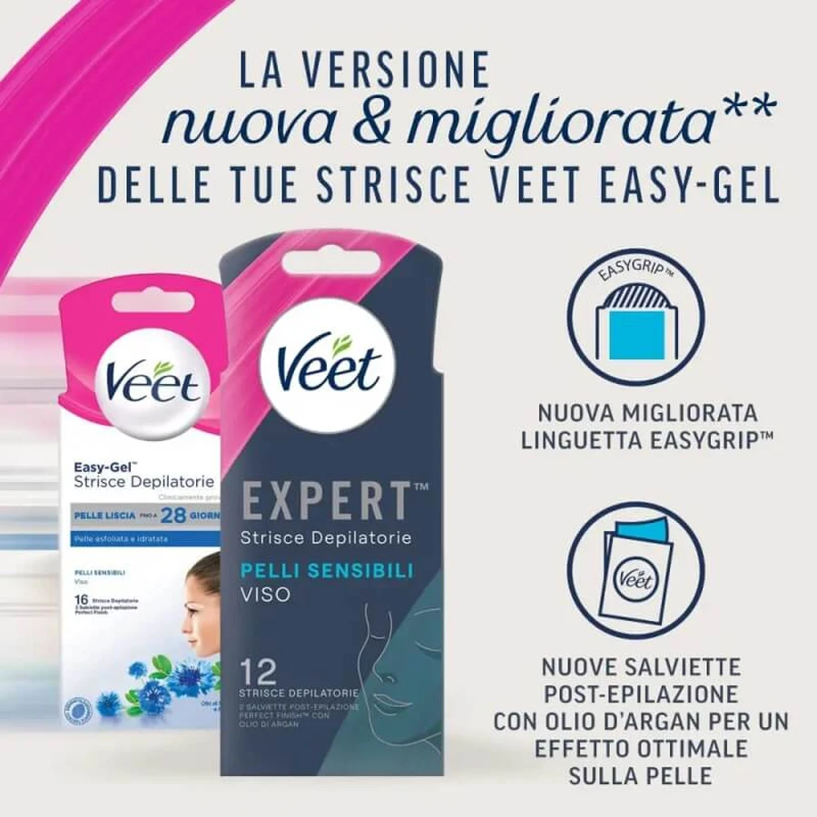 Veet Expert - 12 bandes d'épilation pour le visage, pour peaux sensibles