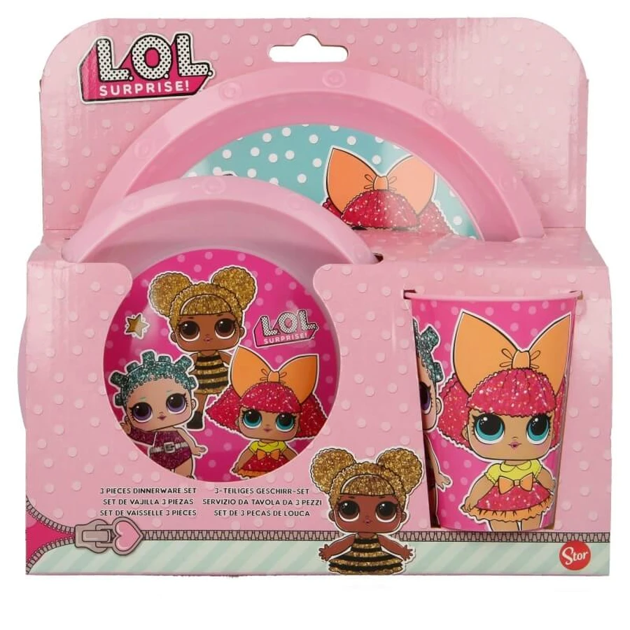 Lol Surprise Meal Set with a flat plate, a soup bowl, and a pink glass