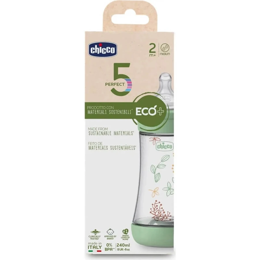 Chicco Perfect 5 Eco+ - Biberón de flujo medio, 240 ml, verde