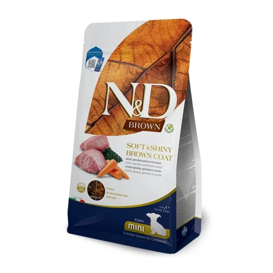 Farmina N&amp;d Brown Dog Puppy Mini Lamb, Carrot, and Spirulina - Complementary Food for Mini Puppies with Red Coats, 1.5 kg