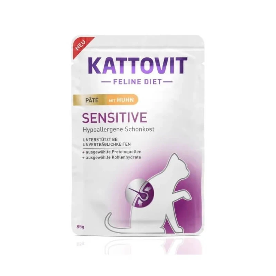 Kattovit Patè sensitive cu pui – hrană completă pentru pisici sensibile cu intoleranțe alimentare, 85 g