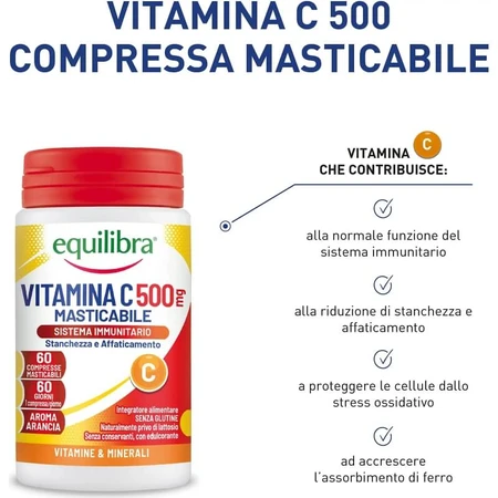 Equilibra Vitamin C 500 – Nahrungsergänzungsmittel zur Stärkung des Immunsystems, 60 Tabletten mit Orangengeschmack