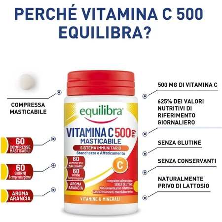 Equilibra Vitamin C 500 – Nahrungsergänzungsmittel zur Stärkung des Immunsystems, 60 Tabletten mit Orangengeschmack