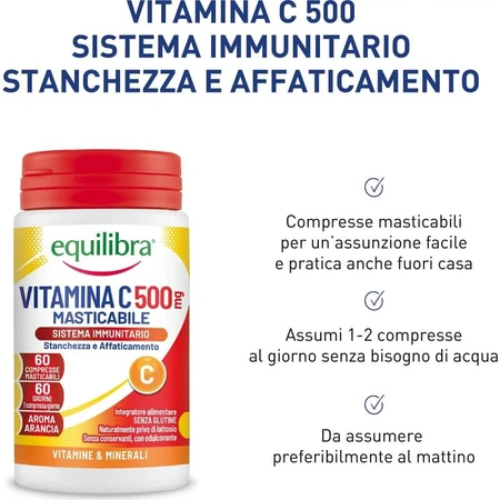 Equilibra Vitamin C 500 – Nahrungsergänzungsmittel zur Stärkung des Immunsystems, 60 Tabletten mit Orangengeschmack