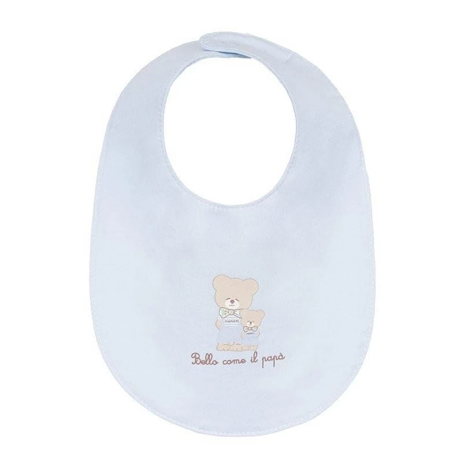 Light blue bib with the words "As handsome as Dad" and a bear design