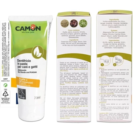 Camon Zahnpasta – zur gründlichen Reinigung der Zähne von Hunden und Katzen, mit Tonerde, Salbei und ätherischen Ölen, 70 ml