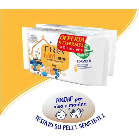 Fria Baby Hygiene - 2 verpakkingen van 70 desinfecterende doekjes met arganolie