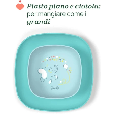 Ensemble complet pour la diversification alimentaire Chicco (à partir de 12 mois) - Kit comprenant un gobelet, un bol et une assiette plate antidérapante, couleur bleue