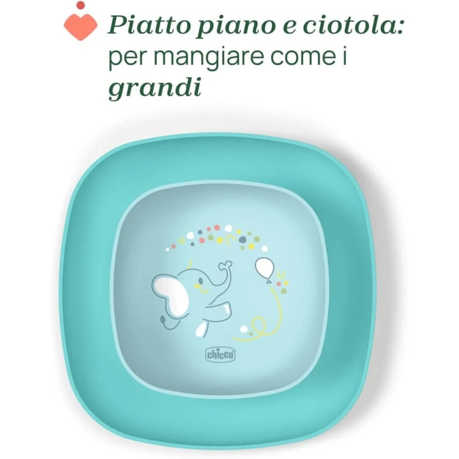 Ensemble complet pour la diversification alimentaire Chicco (à partir de 12 mois) - Kit comprenant un gobelet, un bol et une assiette plate antidérapante, couleur bleue