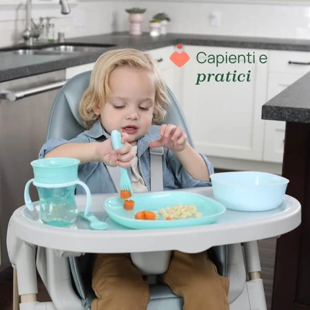 Ensemble complet pour la diversification alimentaire Chicco (à partir de 12 mois) - Kit comprenant un gobelet, un bol et une assiette plate antidérapante, couleur bleue