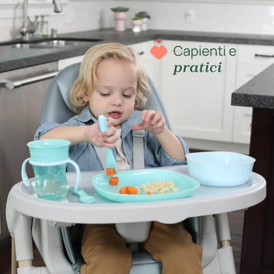 Ensemble complet pour la diversification alimentaire Chicco (à partir de 12 mois) - Kit comprenant un gobelet, un bol et une assiette plate antidérapante, couleur bleue