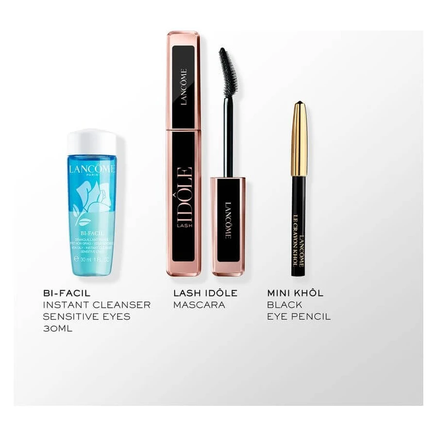 Set de regalo Lash Idôle de Lancôme: máscara de pestañas negra + desmaquillante de ojos Bi-Facial + lápiz de ojos Khol n.º 027 Noir