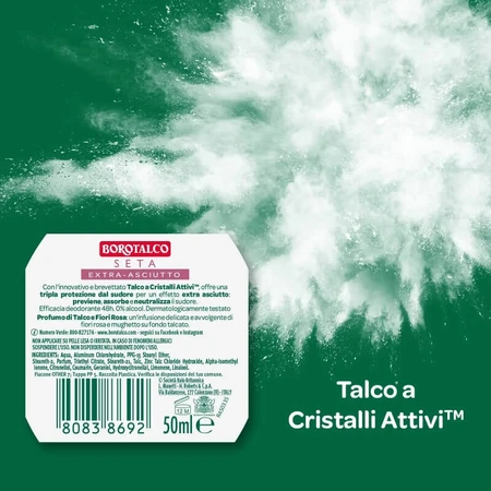 Borotalco Seta, cu parfum de talc și flori de trandafir – deodorant roll-on cu eficacitate de 48 de ore, 50 ml