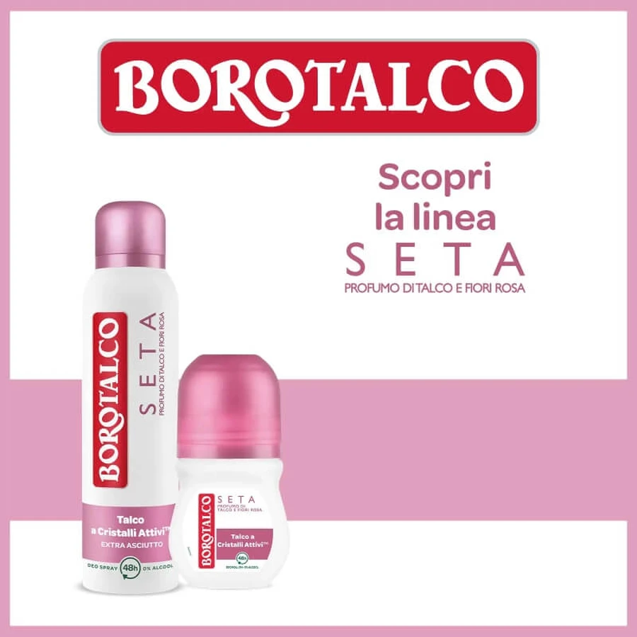 Borotalco Seta, cu parfum de talc și flori de trandafir – deodorant roll-on cu eficacitate de 48 de ore, 50 ml