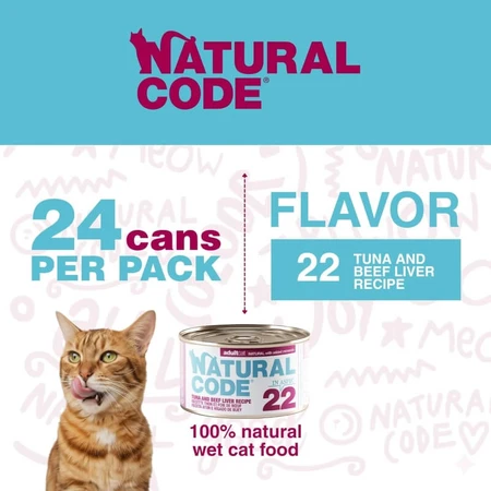 Natural Code 22 ton și ficat de vită – hrană completă pentru pisici adulte, 85 g