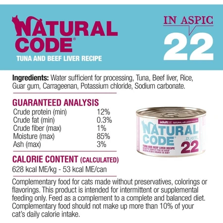 Natural Code 22 ton și ficat de vită – hrană completă pentru pisici adulte, 85 g