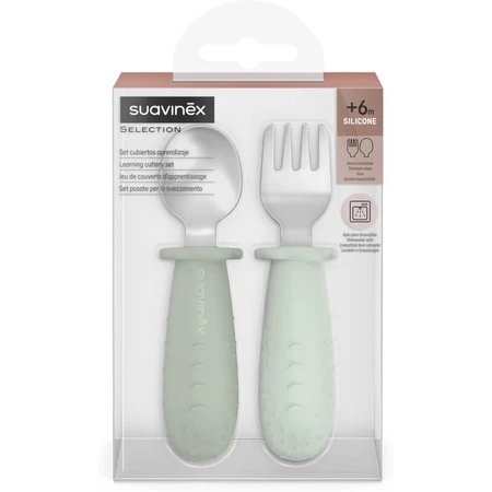Suavinex Selection Set mit verstellbarem Besteck für die Entwöhnungsphase, Edelstahl mit Silikongriffen, ab 6 Monaten – Grün