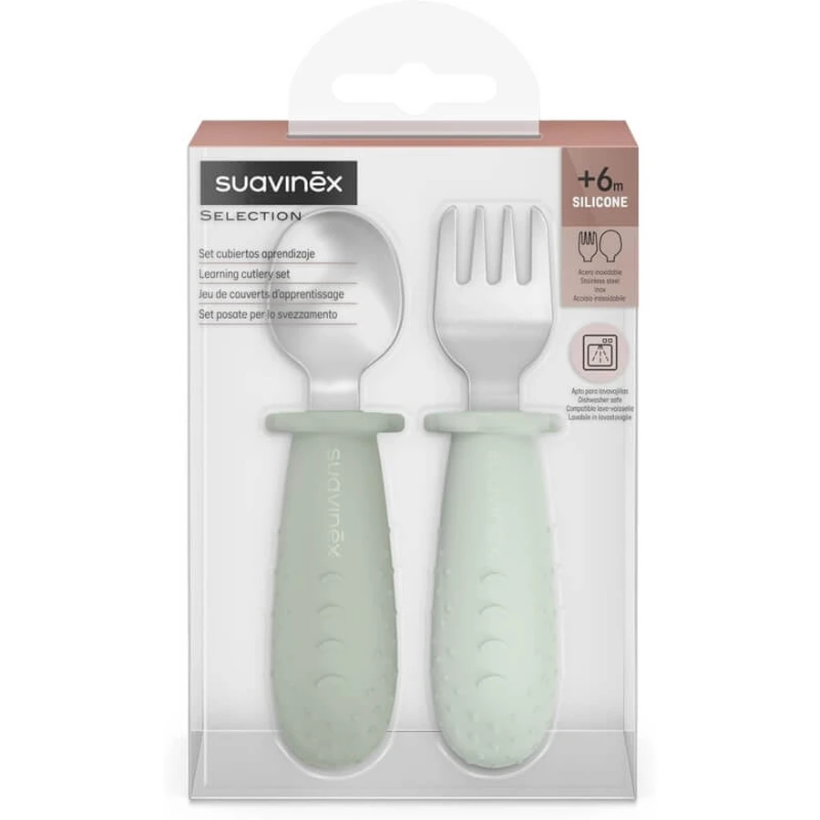 Suavinex Selection Set mit verstellbarem Besteck für die Entwöhnungsphase, Edelstahl mit Silikongriffen, ab 6 Monaten – Grün