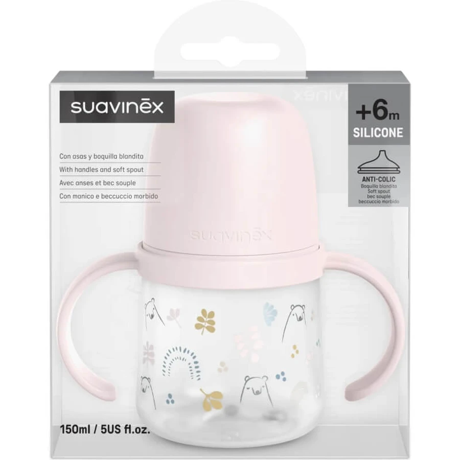 Suavinex My Family - Eerste babyfles met handvat en siliconen speen - Roze