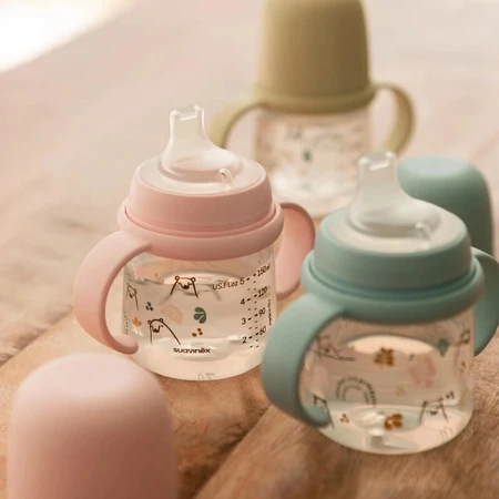 Suavinex My Family - Eerste babyfles met handvat en siliconen speen - Roze