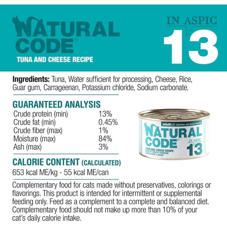 Natural Code 13 Tonijn en kaas - Compleet voer voor volwassen katten, 85 g