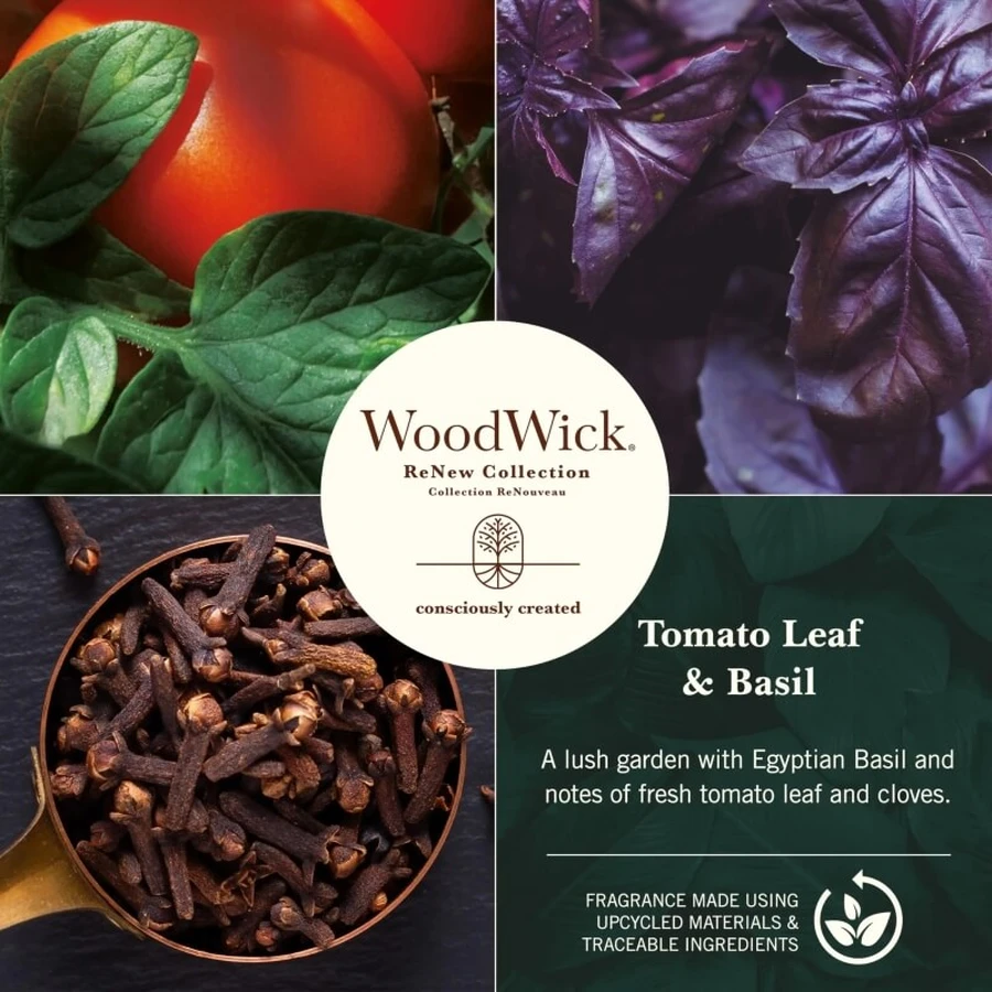 Woodwick Tomato leaf &amp; basil – lumânare parfumată mare, 368 g