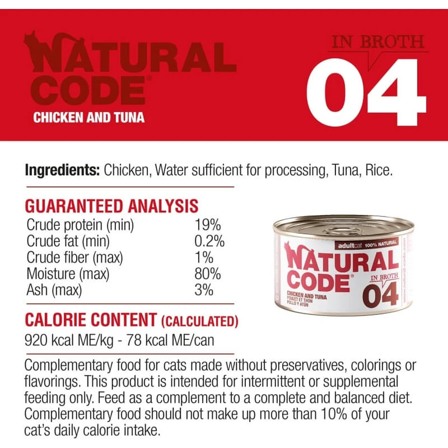 Natural Code 04 Kip en tonijn - Compleet voer voor volwassen katten, 85 g