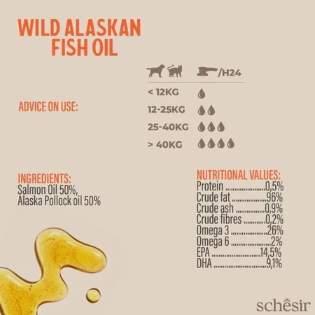 Schesir Wild Alaskan Fish Oil Omega-3 Plus - Complément alimentaire à base d'huile de poisson pour chiens et chats, 250 ml