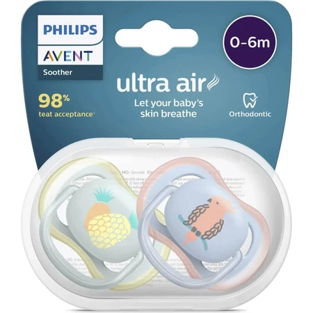 Avent Ultra Air 0–6 Monate+ – 2 Silikon-Schnuller – Papagei/Ananas