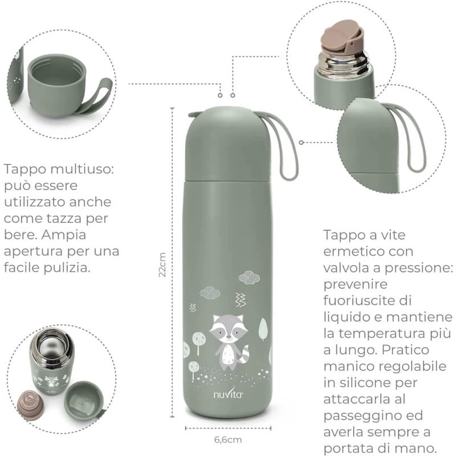 Nuvita Thermos – Isolierte Wasserflasche mit verstellbarem Silikongriff, salbeigrün, 400 ml