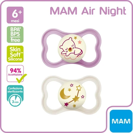 Mam Air Night - 2 Silicone Pacifiers, 6m+, Pink