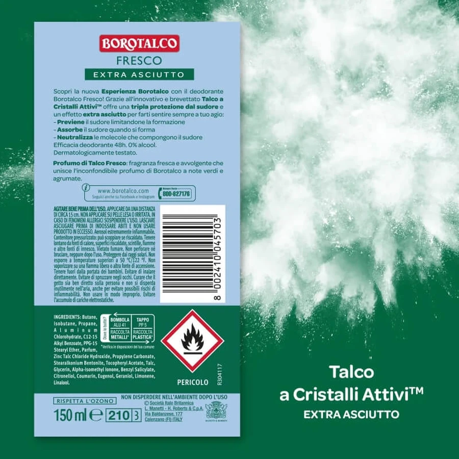 Borotalco Fresh Talc Scent - 48-Hour Deodorant Spray, 150 ml