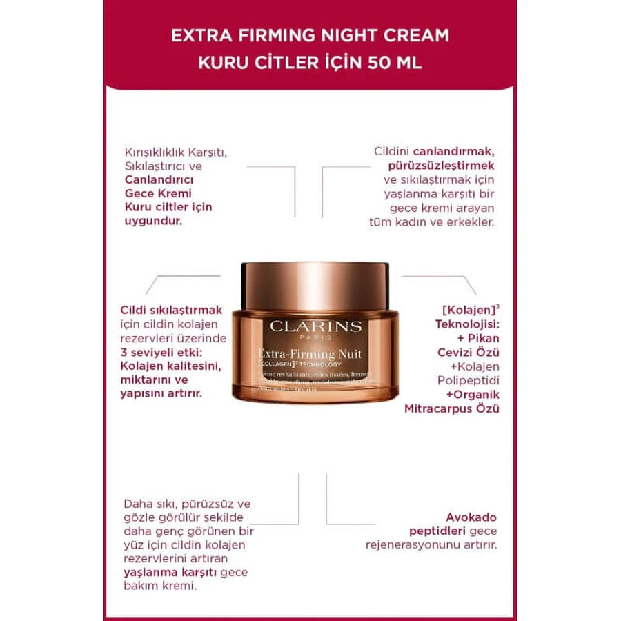 Clarins Extra-Firming Nachtcrème - Collagen 3-technologie - Nachtcrème voor de droge huid, 50 ml