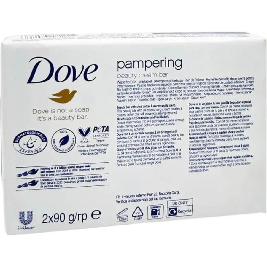 Dove Beauty Cream Bar Pampering - 2 pains de savon de 90 g chacun